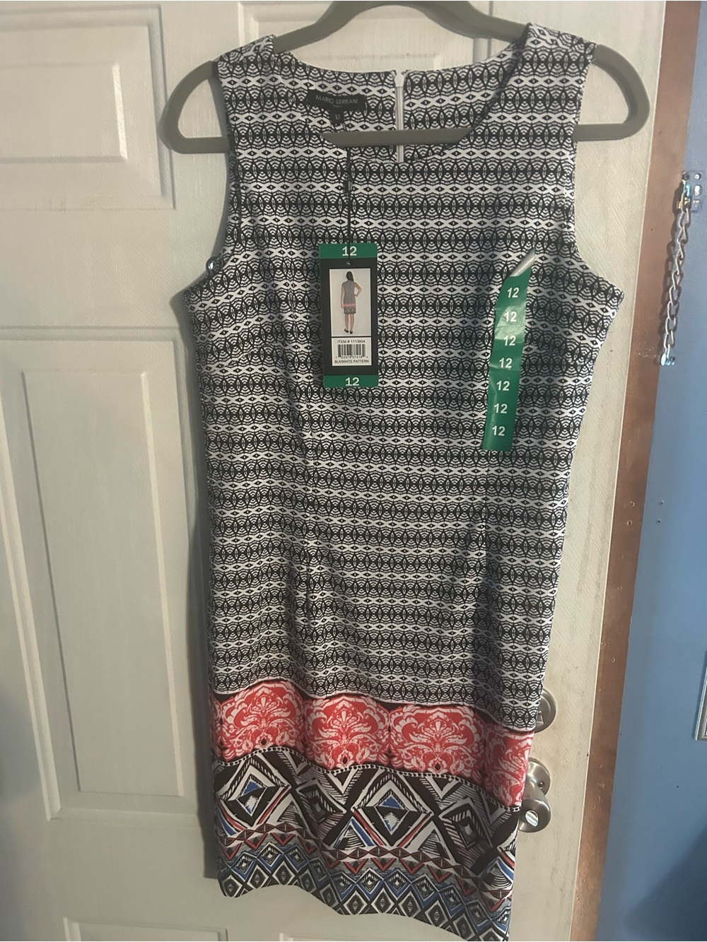 Mario Serrani Italy Sleeveless Shift Dress Size 12 Geometric Black White Coral